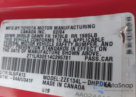 2004 Toyota Matrix Standard from USA, damaged, VIN 2T1LR32E14C295781